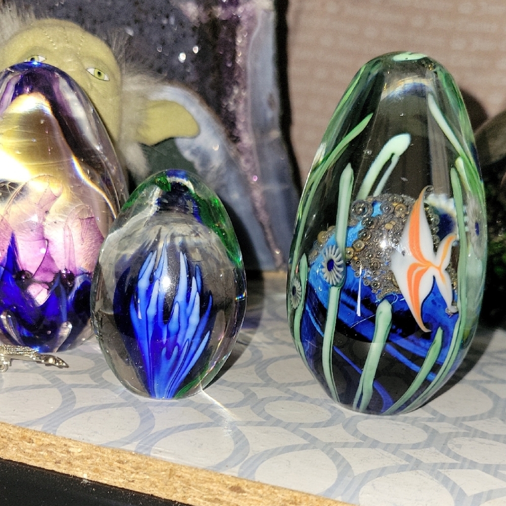 Handcrafted Glass Paperweight Duo - Blue and Green